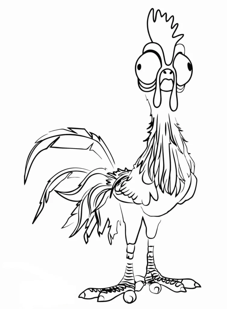 Moana: Desenho do galo Hei Hei para colorir. Detalhes artísticos do corpo, crista e penas de Hei Hei.