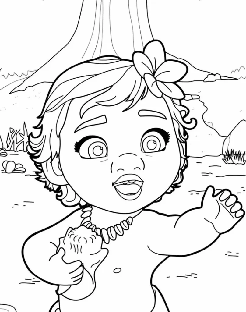 Moana bebê para colorir com flor e concha. Atividade relaxante e criativa.