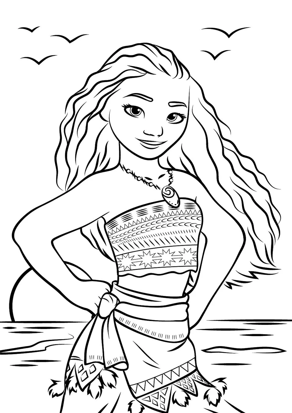 Moana Mocinha para colorir: arte com sorriso sereno em frente ao oceano.