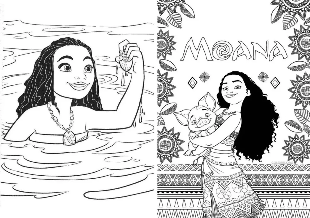 Moana no mar: desenhos para colorir com a personagem e seu porquinho Pua.