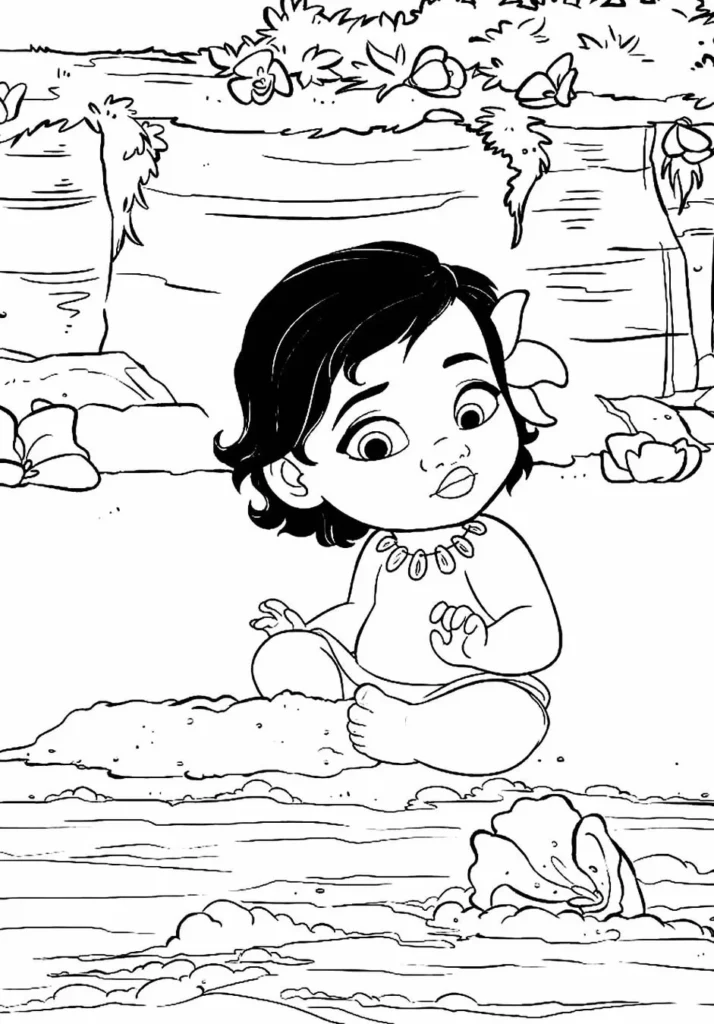 Moana bebê para colorir: desenho da pequena garotinha na praia