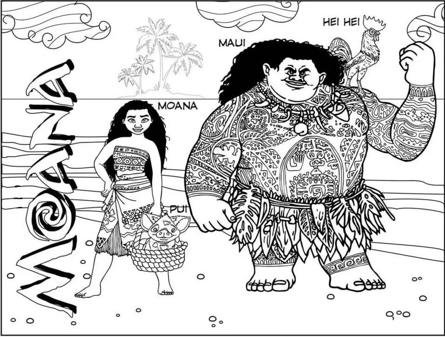 Desenhos de Moana e Maui para pintar: Aventura tropical em cores