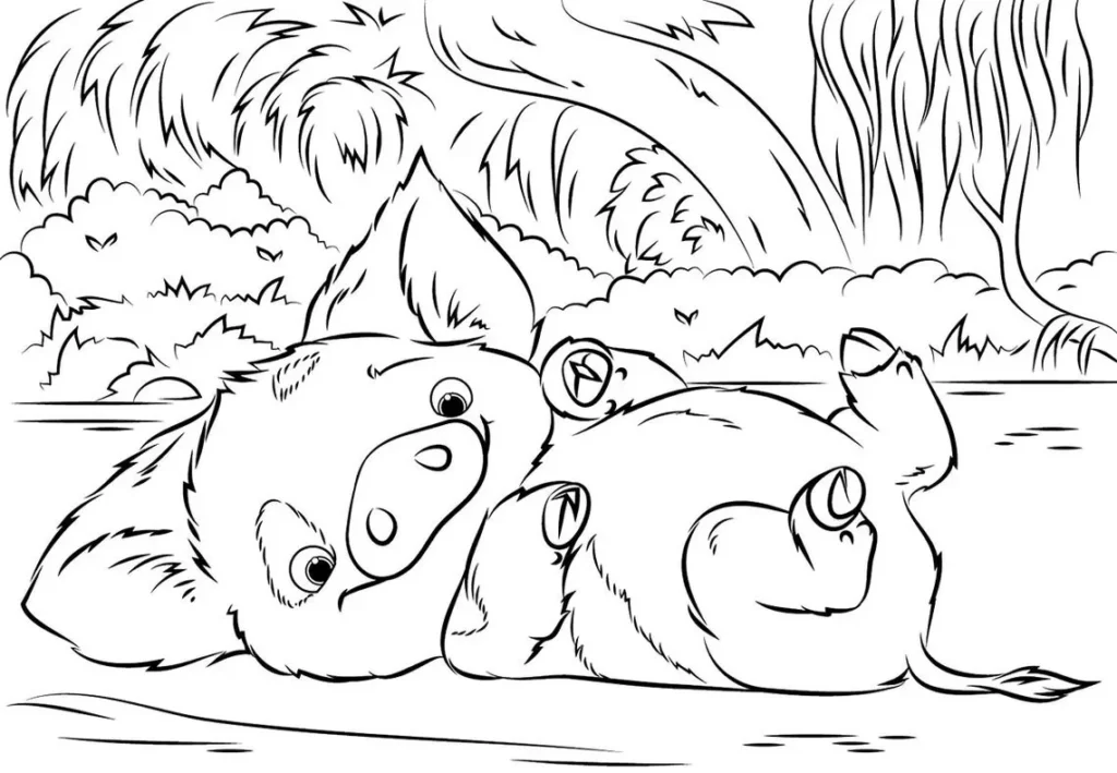 Moana Pui: Desenho para colorir com porcos em ambiente natural