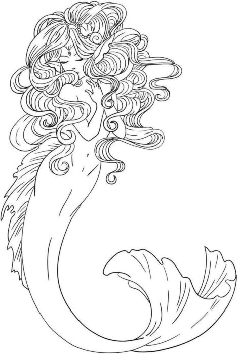 Sereia com longos cabelos para colorir: mergulhe na magia do oceano.