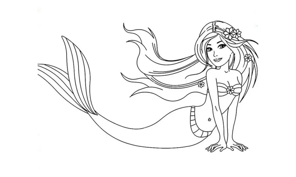 Sereia com longos cabelos floridos e cauda elegante para colorir. Desenho de sereia sentada em rocha com top de biquíni floral.