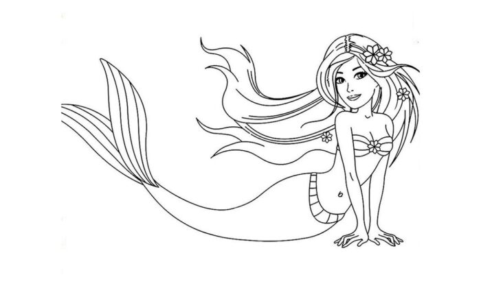 Sereia com longos cabelos floridos e cauda elegante para colorir. Desenho de sereia sentada em rocha com top de biquíni floral.