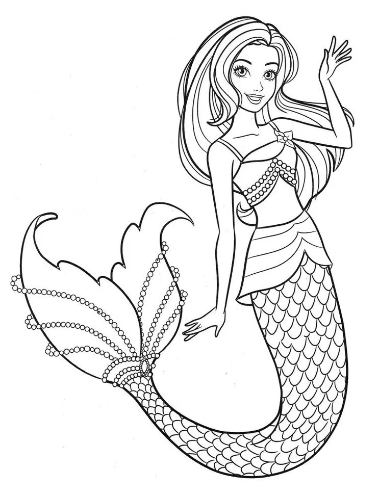 Desenho de sereia sorridente acenando, com cabelos longos, top de pérolas e cauda detalhada com escamas. Ideal para colorir.