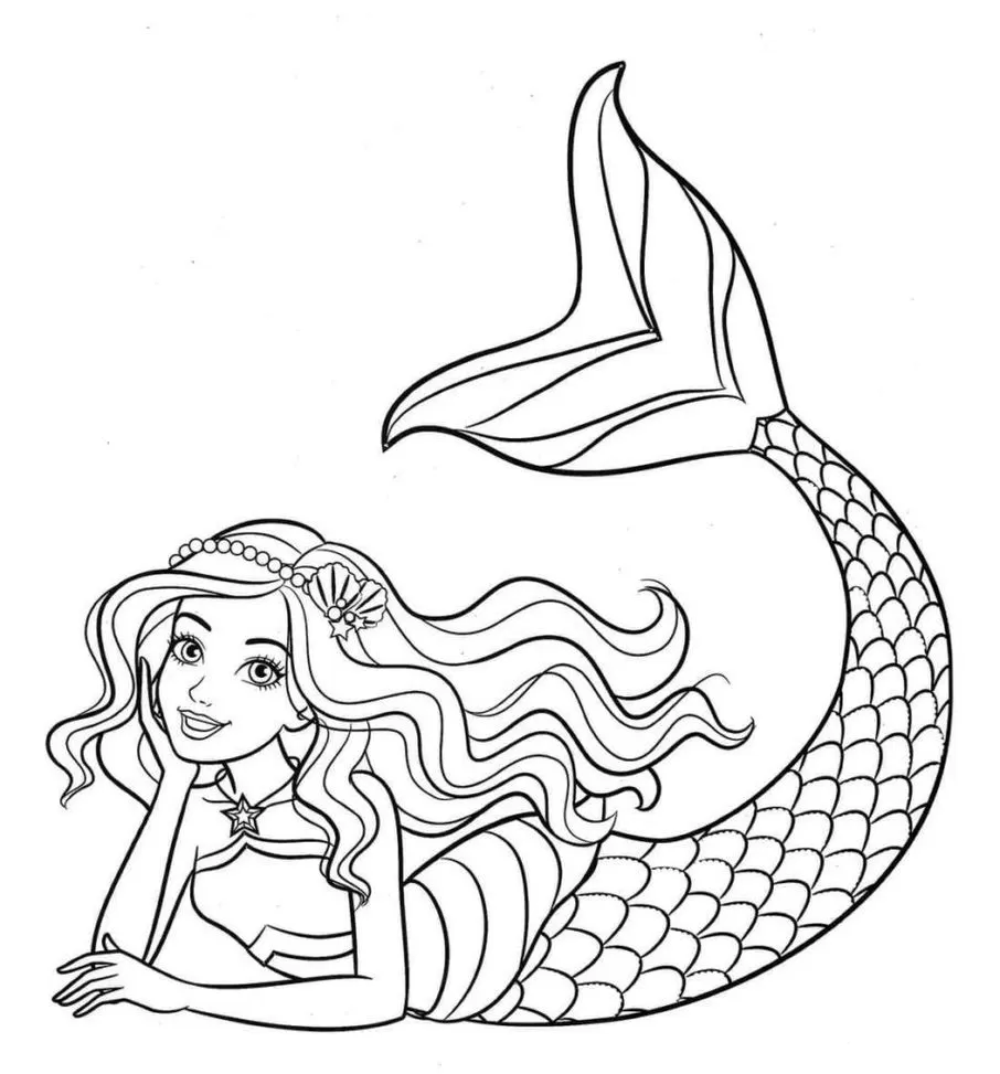 Desenho de sereia com diadema de pérolas e colar de estrela para colorir. Cauda com escamas e longos cabelos.