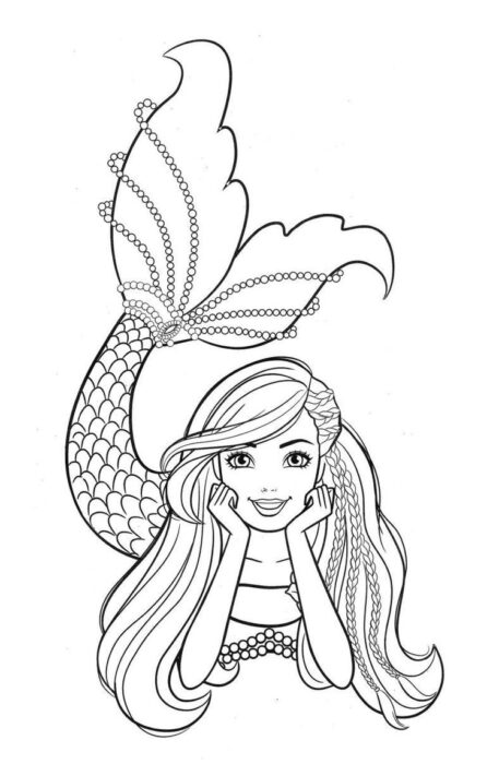 Sereia sorrindo para colorir com longos cabelos e cauda detalhada com escamas. Desenho para imprimir e usar a criatividade.
