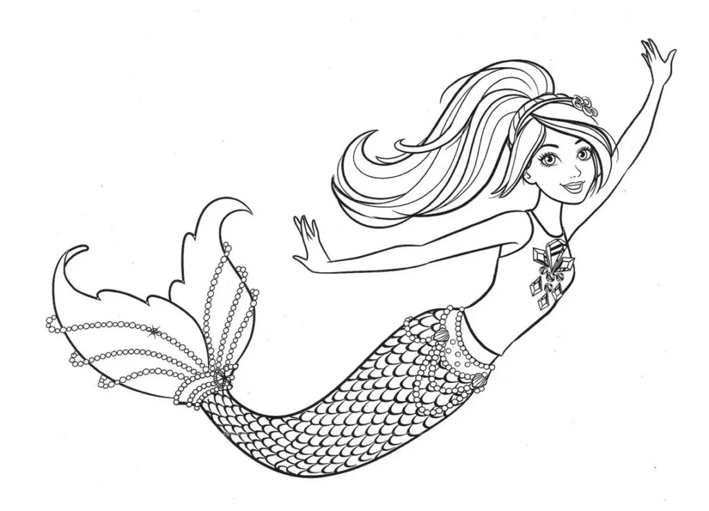 Desenho da Barbie Sereia nadando para colorir: explore a magia do fundo do mar.