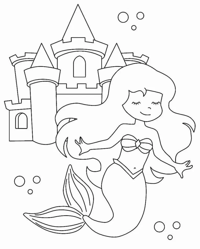 Desenho de sereia sorrindo com castelo subaquático ao fundo. Ideal para colorir e soltar a imaginação!