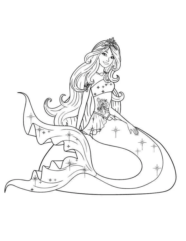 Sereia para Colorir: Princesa do mar com coroa, colar e cauda adornada com estrelas. Ideal para pintar e soltar a imaginação.