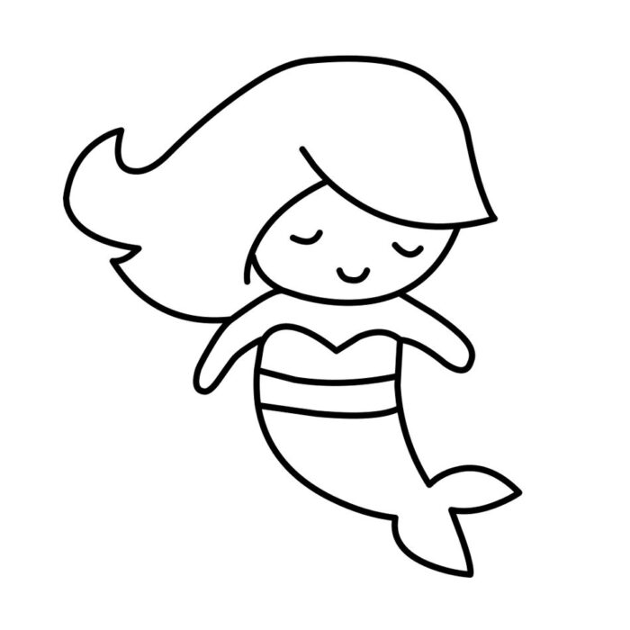 Sereia simples para colorir. Desenho de sereia com cabelo ondulado, top em formato de coração e cauda com barbatanas, ideal para atividades criativas.