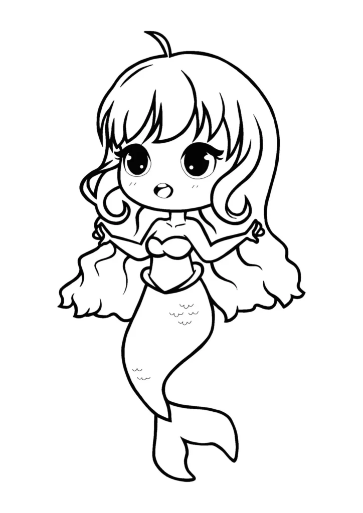 Sereia fofa em estilo mangá para colorir: arte encantadora com olhos expressivos e cauda de peixe detalhada.