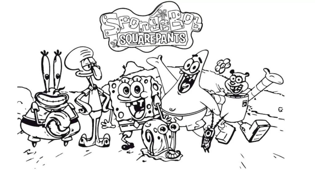 Desenho para colorir Bob Esponja e seus amigos na Fenda do Biquíni: Patrick, Lula Molusco, Seu Sirigueijo e Sandy Bochechas.