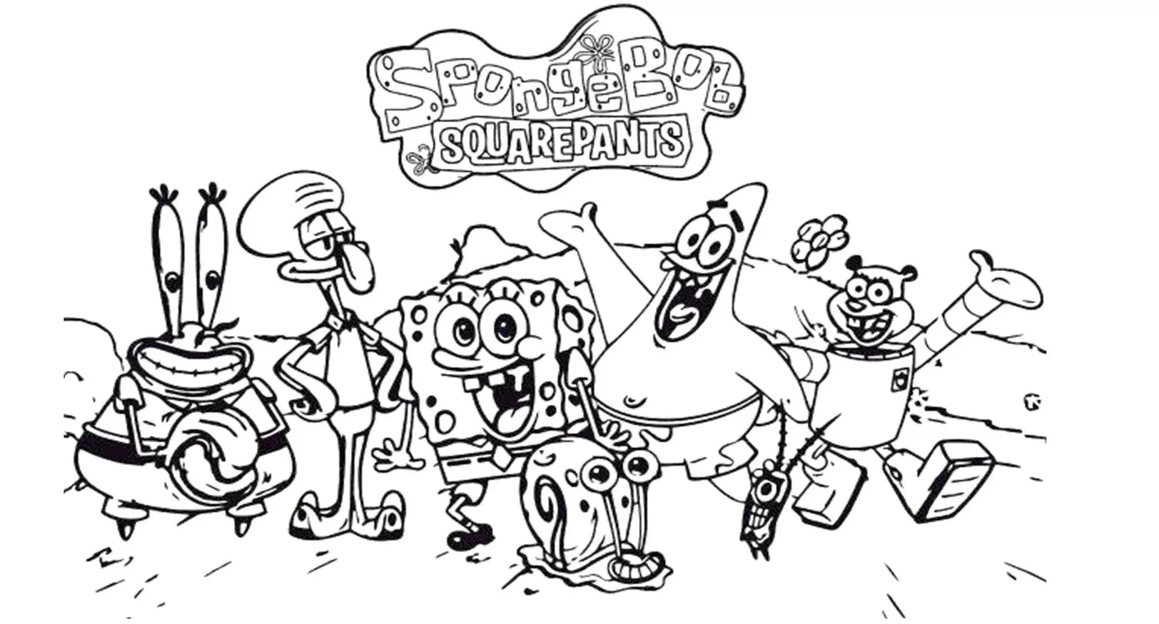 Desenho para colorir Bob Esponja e seus amigos na Fenda do Biquíni: Patrick, Lula Molusco, Seu Sirigueijo e Sandy Bochechas.
