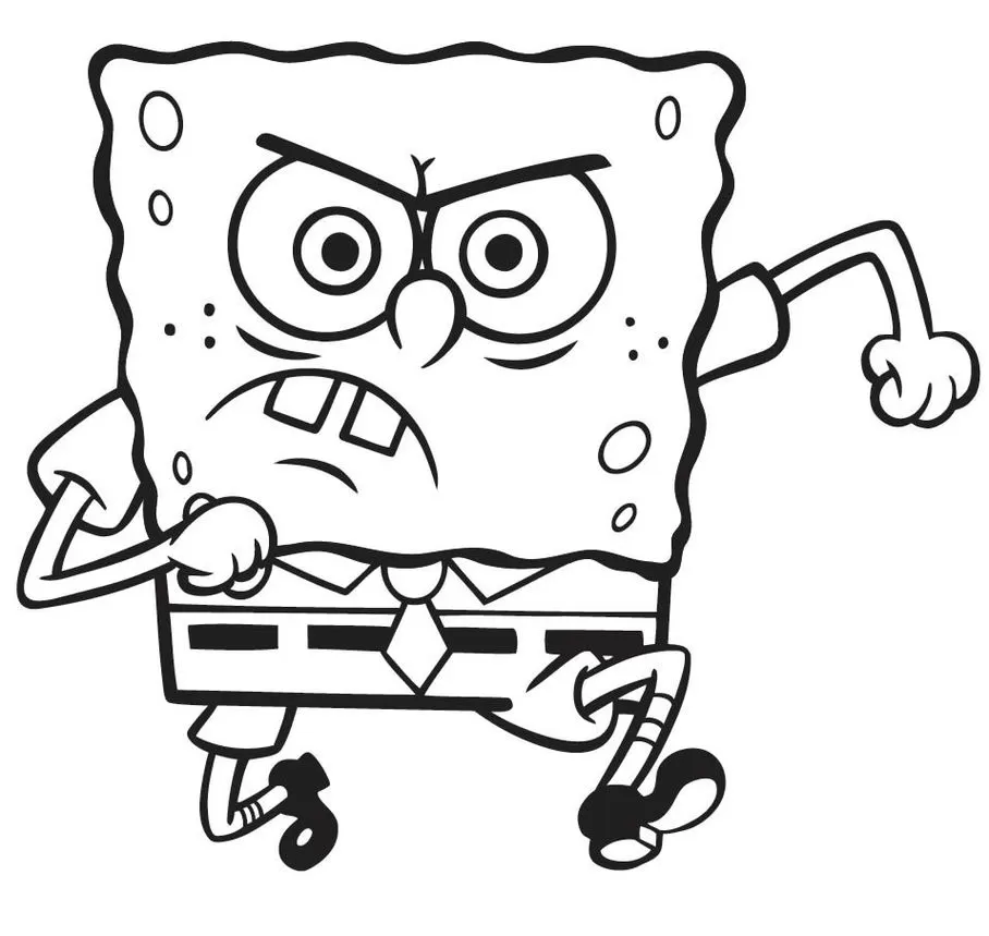 Bob Esponja com raiva: desenho para colorir e imprimir. Expressão de fúria e determinação no rosto do famoso personagem.