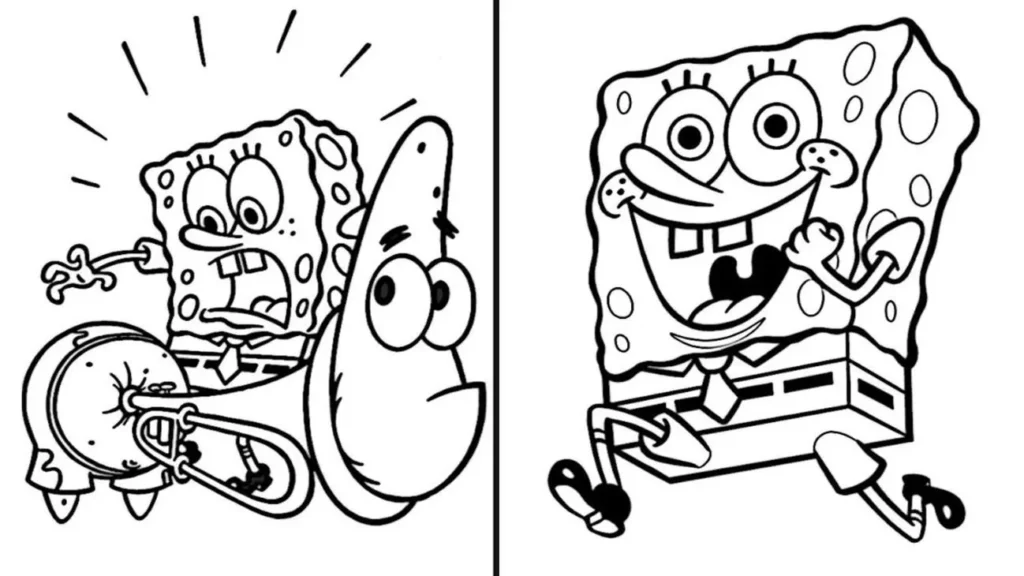 Bob Esponja e Patrick Estrela para colorir: expressões de alegria e susto em desenho animado. Atividades para imprimir.