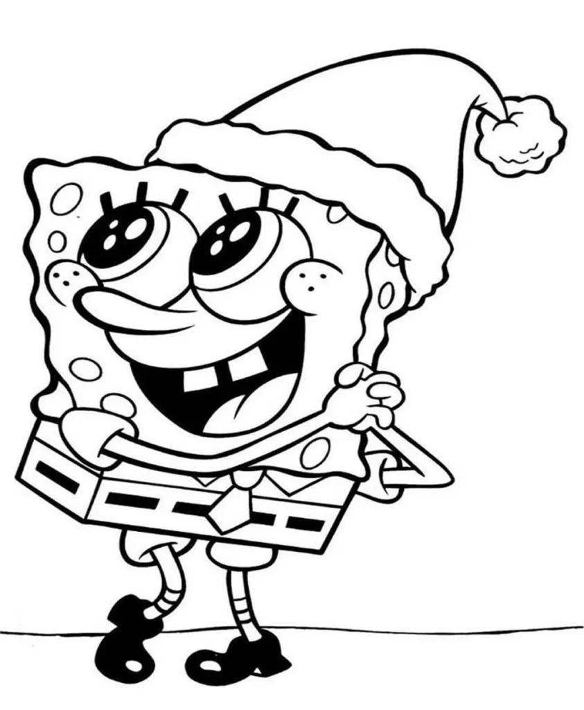 Bob Esponja natalino para colorir: alegria e presente de Papai Noel nas festas de fim de ano.