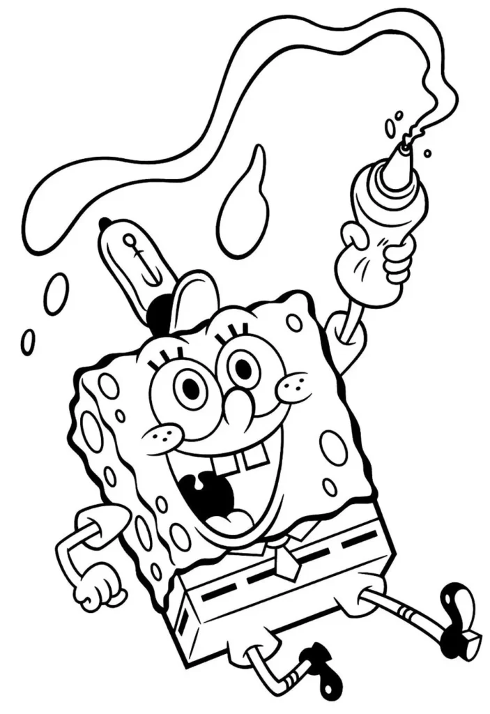 Bob Esponja sorrindo e brincando com bolhas em desenho para colorir. Desenho do Bob Esponja com um lápis na cabeça, ideal para atividades criativas.