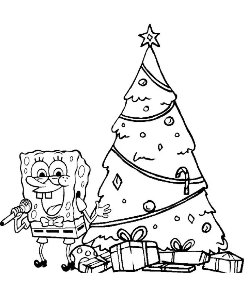 Bob Esponja Natalino: Desenho para Colorir com Árvore de Natal e Presentes