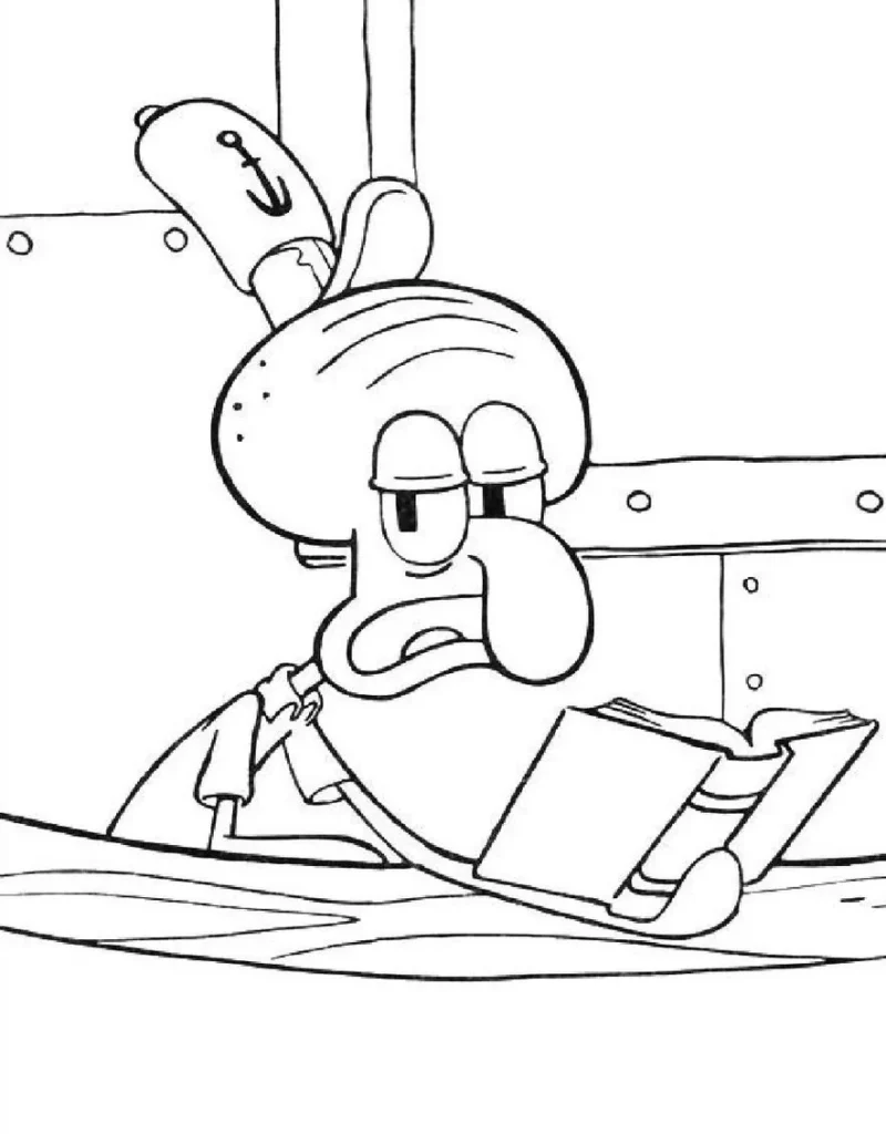Lula Molusco entediado lendo livro: Desenho para colorir Bob Esponja