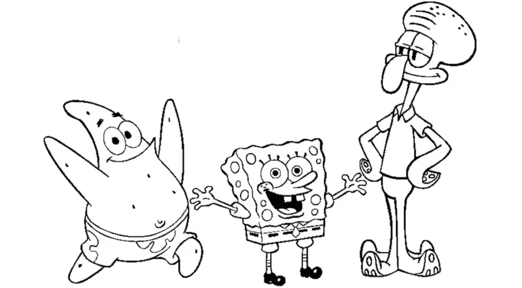 Desenho para colorir Bob Esponja, Patrick e Lula Molusco. Atividade divertida com os amigos da Fenda do Bikini.