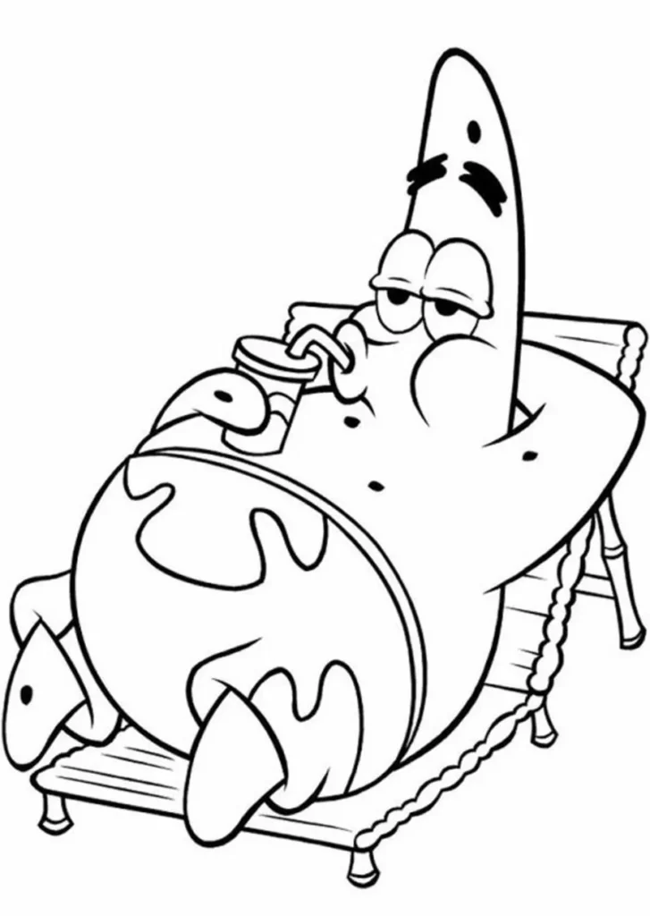 Patrick Estrela relaxando na espreguiçadeira com suco: desenho para colorir do Bob Esponja.