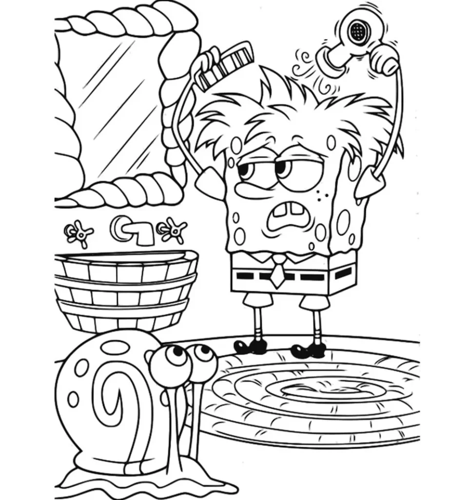 Bob Esponja no banheiro secando o cabelo com Gary observando. Desenho para colorir.