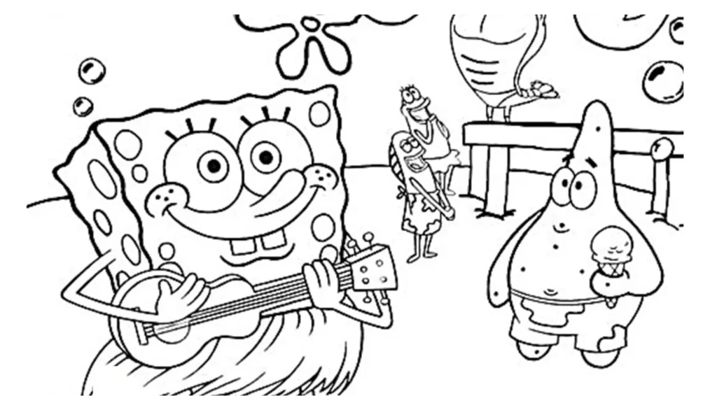 Bob Esponja tocando ukulele para colorir com Patrick e Lula Molusco ao fundo. Atividade criativa com o desenho do Bob Esponja e seus amigos.
