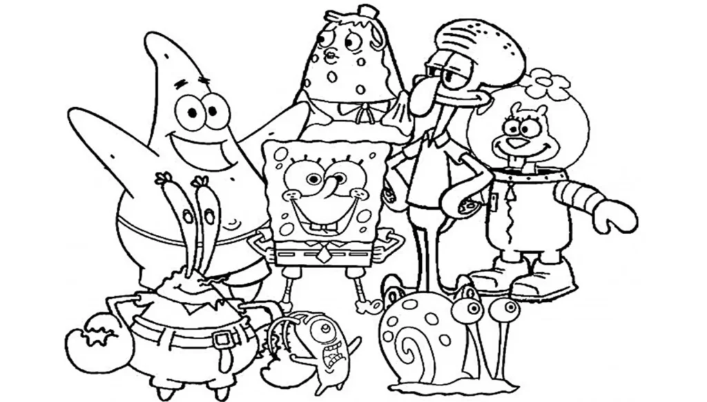 Bob Esponja e amigos: desenho para colorir com Patrick, Lula Molusco, Sandy, Sr. Siriguejo, Plankton e Gary. Diversão garantida!