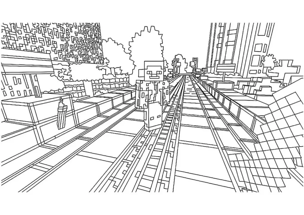 Desenho de Cidade Minecraft para Colorir: Aventura Urbana em Blocos