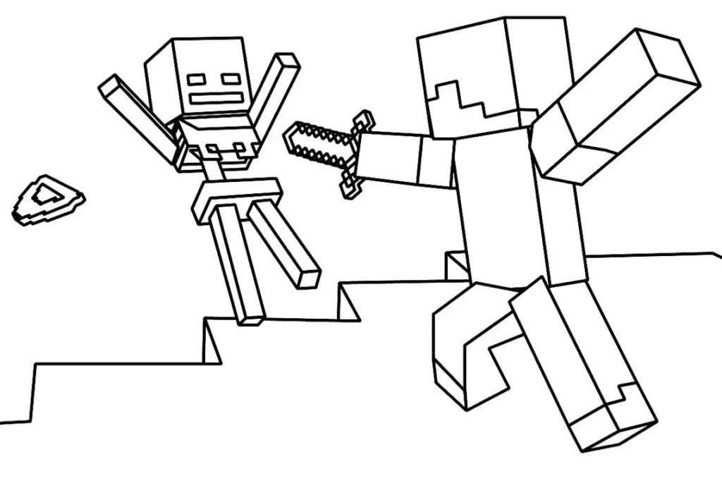 Minecraft: Steve vs. Esqueleto em desenho para colorir. Ação e aventura no mundo dos blocos.
