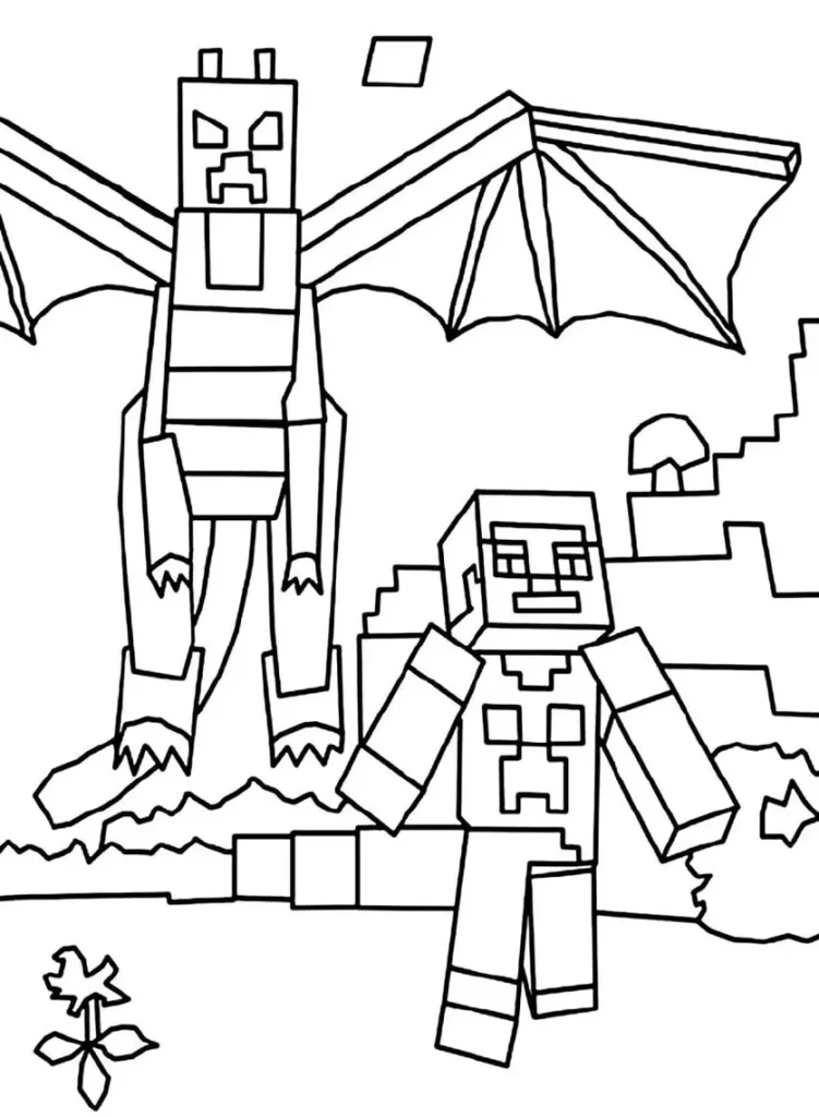Minecraft: Menino e dragão para colorir. Aventura no mundo dos blocos!