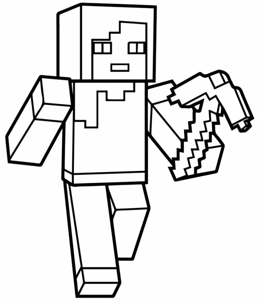 Minecraft para colorir: Figura com martelo no mundo dos blocos