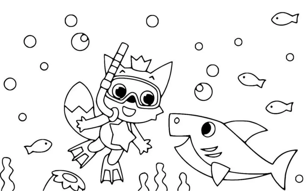 Desenhos Baby Shark para colorir Conversando Baby Shark e filhote de raposa mergulhadores para colorir em cena subaquática divertida.