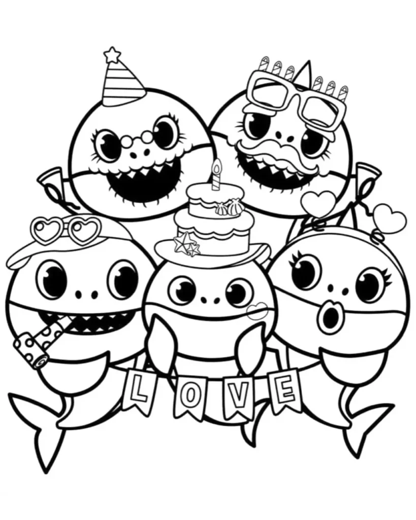 Desenhos Baby Shark para colorir Família Shark Baby Shark para Colorir: Desenho da Família Tubarão em Festa