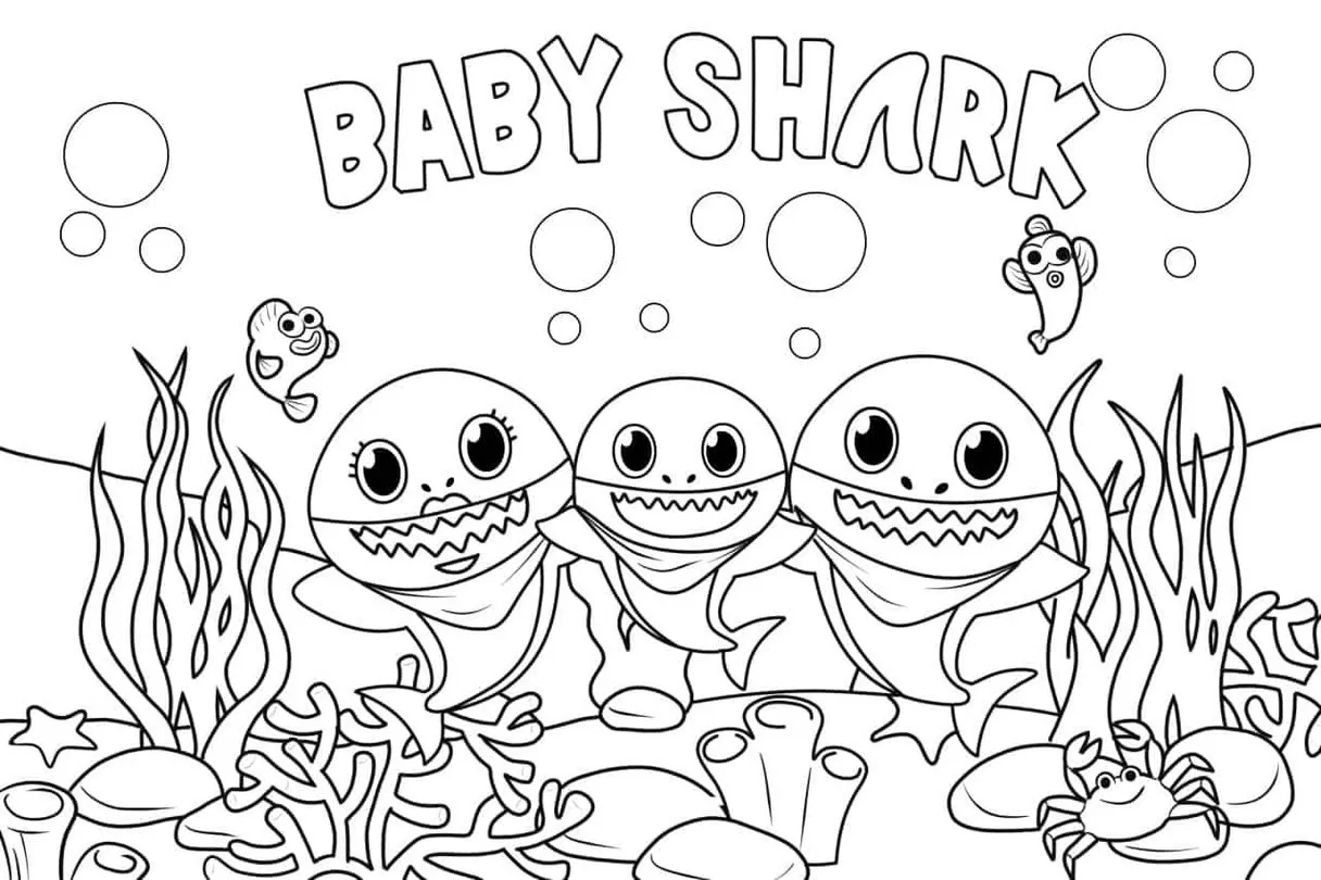 Baby Shark para Colorir: Desenhos do Fundo do Mar com Filhotes de Tubarão