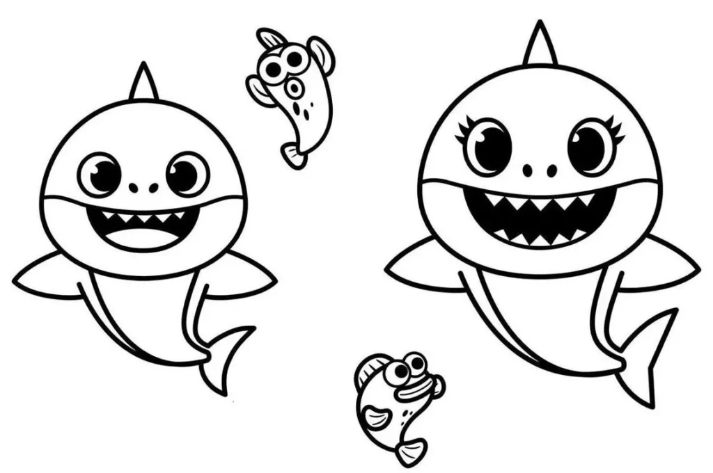 Desenhos Baby Shark para colorir Sorrindo Desenhos do Baby Shark sorrindo para colorir. Imagem com tubarões bebês e peixes.