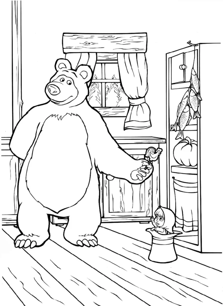 Masha e o Urso: Desenho para colorir com Masha brincando de mágica