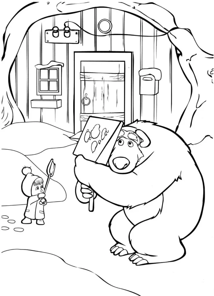 Masha e o Urso se divertindo na neve: desenho para colorir