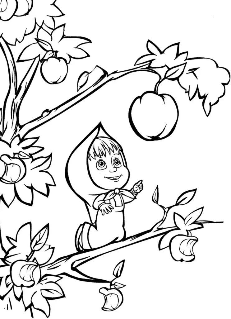 Masha e o Urso para colorir: Masha colhendo maçãs em macieira frutífera.
