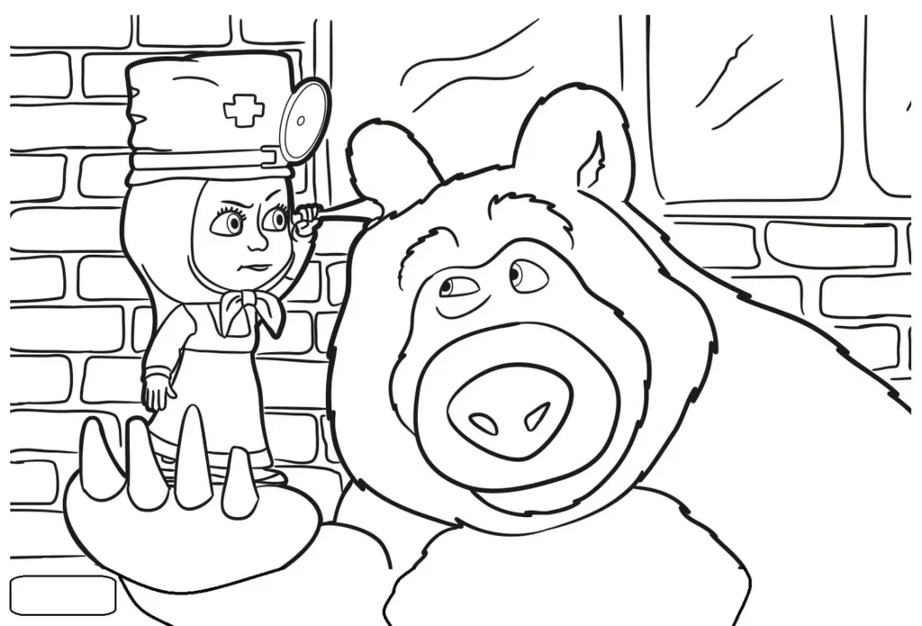 Masha e o Urso para colorir: Masha médica examinando o Urso