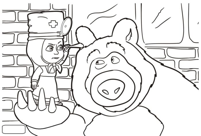 Masha e o Urso para colorir: Masha médica examinando o Urso