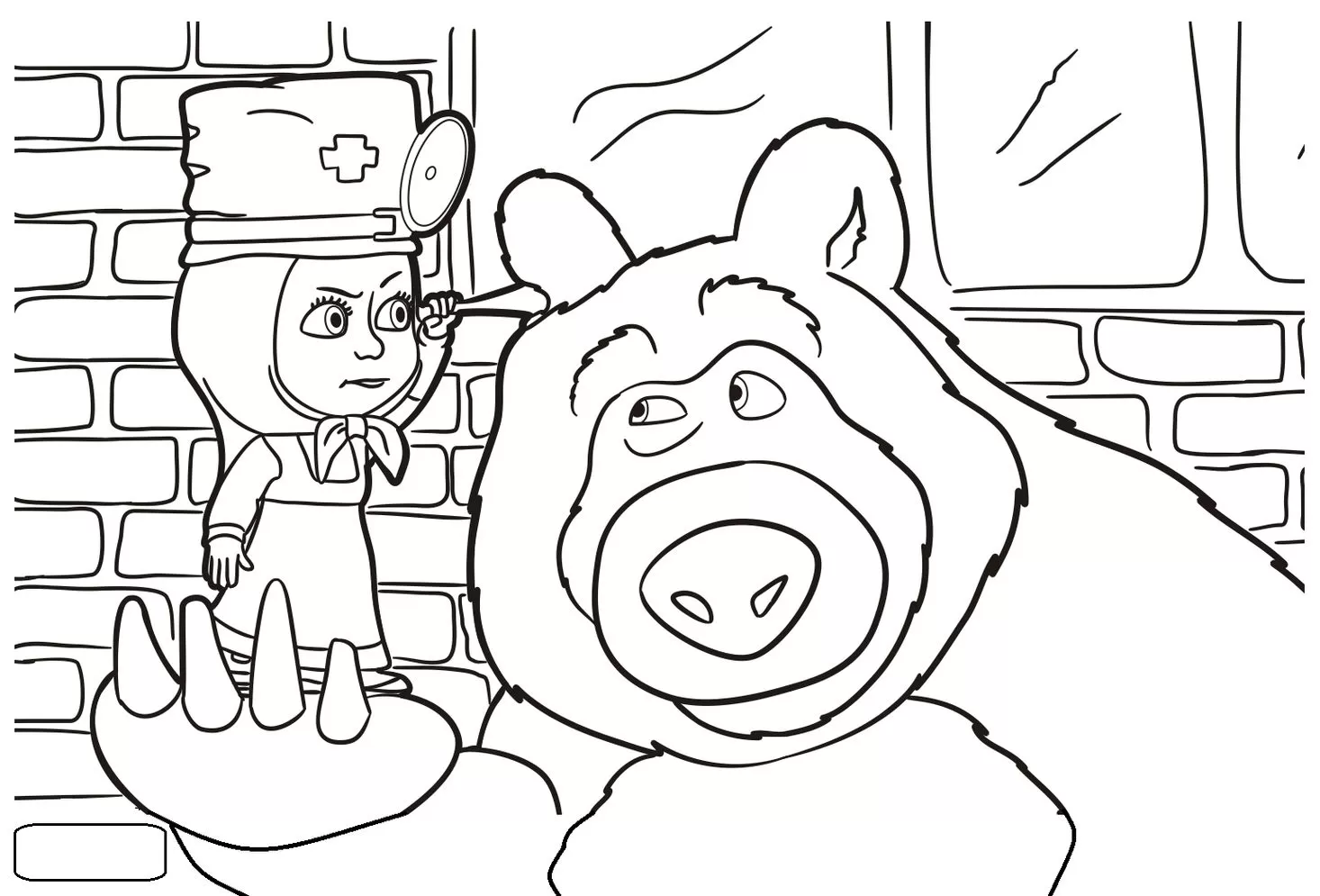 Masha e o Urso para colorir: Masha médica examinando o Urso
