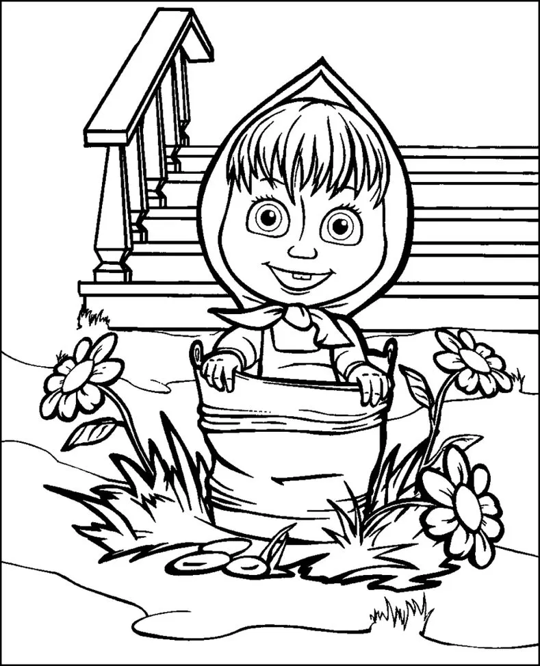 Masha e o Urso para Colorir: Cena Divertida da Masha no Balde