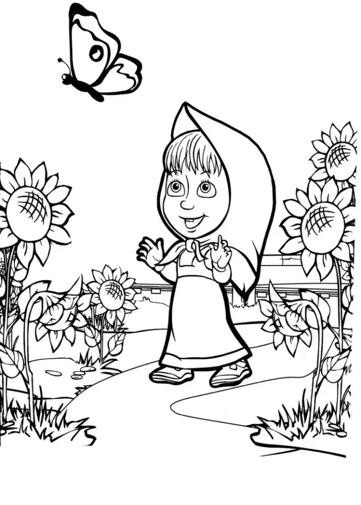 Masha e o Urso para colorir em meio a girassóis. Menina sorrindo para borboleta em paisagem campestre.
