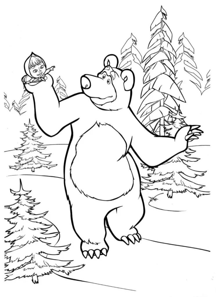 Masha e o Urso na floresta: desenho para colorir com o urso gigante segurando Masha.