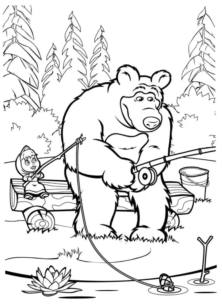 Masha e o Urso: Imagem para colorir com Masha e Urso pescando peixes.