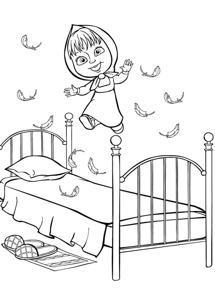 Masha e o Urso para colorir: Masha pulando na cama